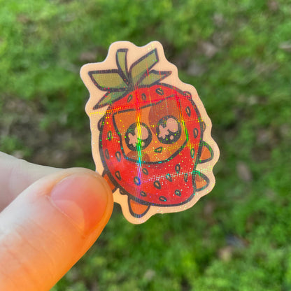 Cross Holographic Strawberry Cat Sticker!